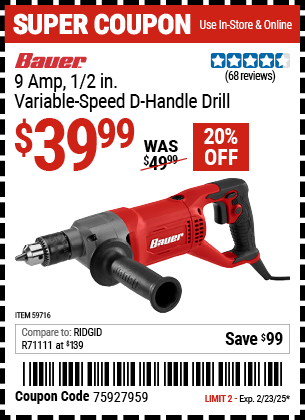 BAUER 9 Amp, 1/2 in. Variable-Speed D-Handle Drill