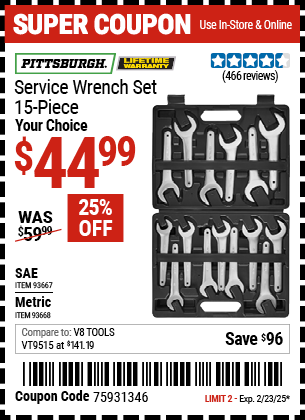 PITTSBURGH SAE Service Wrench Set, 15-Piece