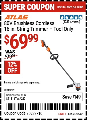 ATLAS 80V Brushless Cordless 16 in. String Trimmer - Tool Only