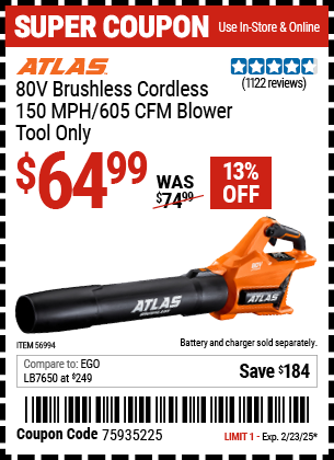 ATLAS 80V Brushless Cordless 150 MPH/605 CFM Blower - Tool Only