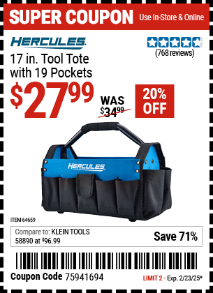 HERCULES 17 in. Tool Tote with 19 Pockets