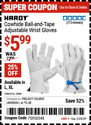 HARDY Cowhide Ball-and-Tape Adjustable Wrist Gloves, Large