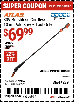 ATLAS 80V Brushless Cordless, 10 in. Pole Saw - Tool Only