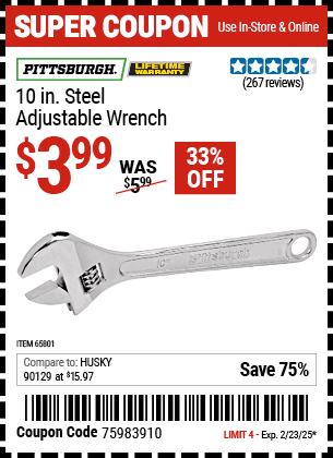 PITTSBURGH 10 in. Steel Adjustable Wrench