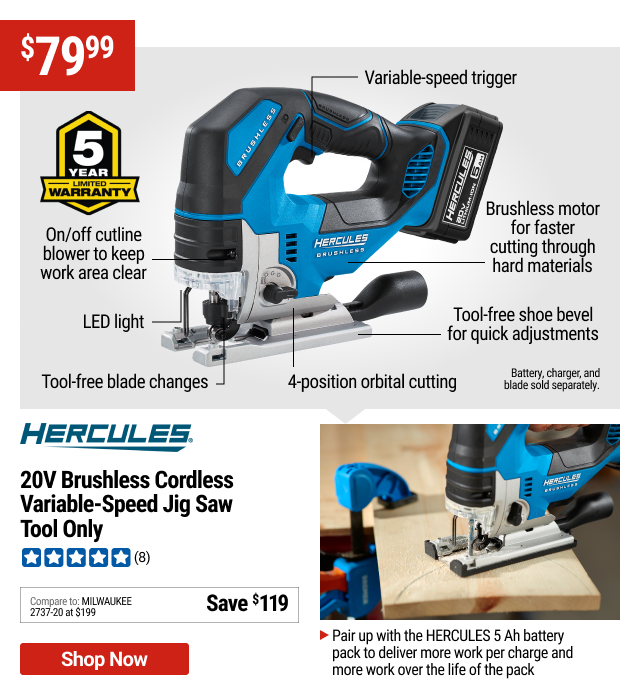 HERCULES 20V Brushless Cordless Variable-Speed Jig Saw - Tool Only