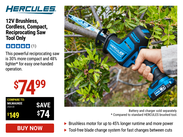 HERCULES: 12V Brushless Cordless, Compact Reciprocating Saw - Tool Only