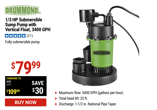 Drummond: 1/3 HP Submersible Sump Pump with Vertical Float, 3400 GPH.