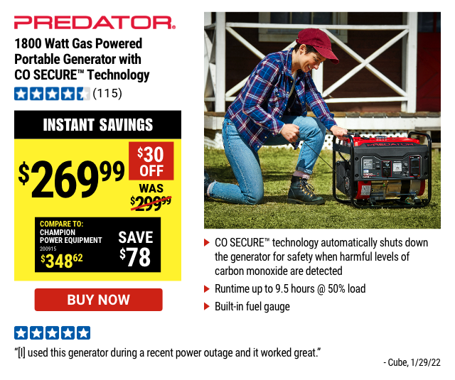 PREDATOR: 1800 Watt Gas Powered Portable Generator With CO SECURE™ Technology