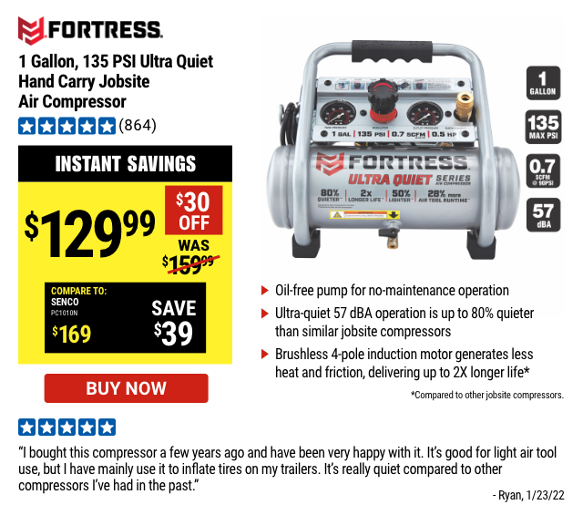 FORTRESS: 1 Gallon 135 PSI Ultra Quiet Hand Carry Jobsite Air Compressor