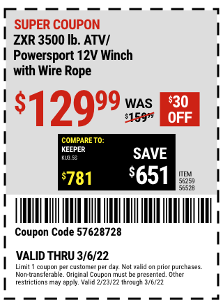 ZXR 3500 lb. ATV/ Powersport 12V Winch with Wire Rope - Coupon