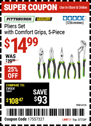 PITTSBURGH: Pliers Set with Comfort Grips, 5-Piece