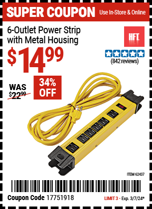 HFT: 6-Outlet Power Strip with Metal Housing, Yellow