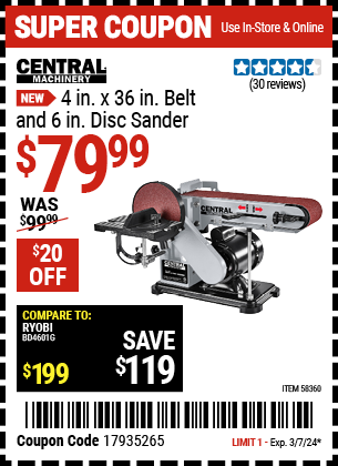 CENTRAL MACHINERY: 4 in. x 36 in. Belt and 6 in. Disc Sander