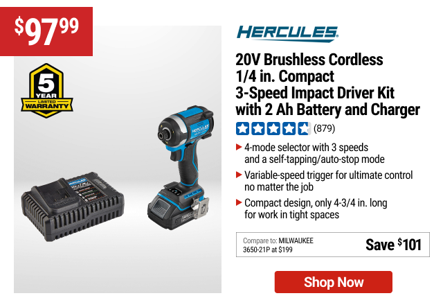 HERCULES 20V Brushless Cordless, 1/4 in. Compact 3-Speed Impact Driver Kit with 2 Ah Battery and Charger