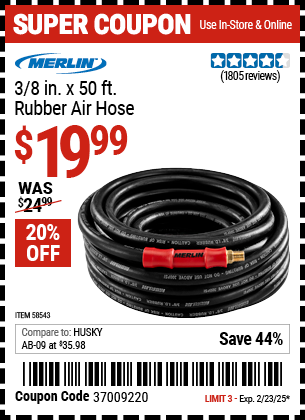 MERLIN 3/8 in. x 50 ft. Rubber Air Hose