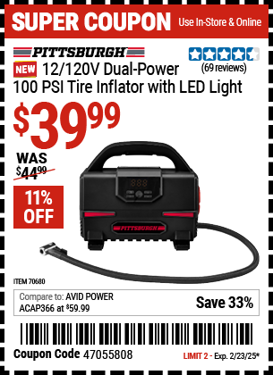 PITTSBURGH 12/120V, Dual-Power, 100 PSI Tire Inflator with LED Light