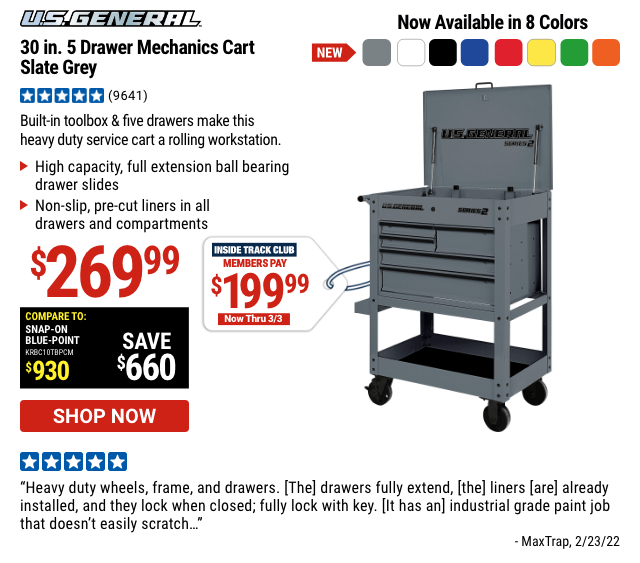 US General: 30 in. 5 Drawer Mechanic's Cart