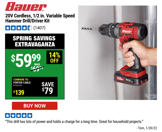 20V 1/2in BAUER HAMMER DRILL