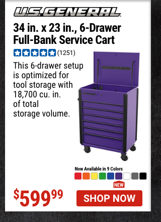 U.S. GENERAL: 34 in. x 23 in., 6-Drawer, Full-Bank Service Cart, Purple