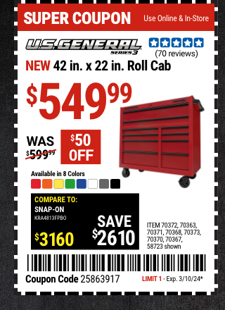U.S. GENERAL: 42 in. x 22 in. Roll Cab, Series 3, Red - coupon