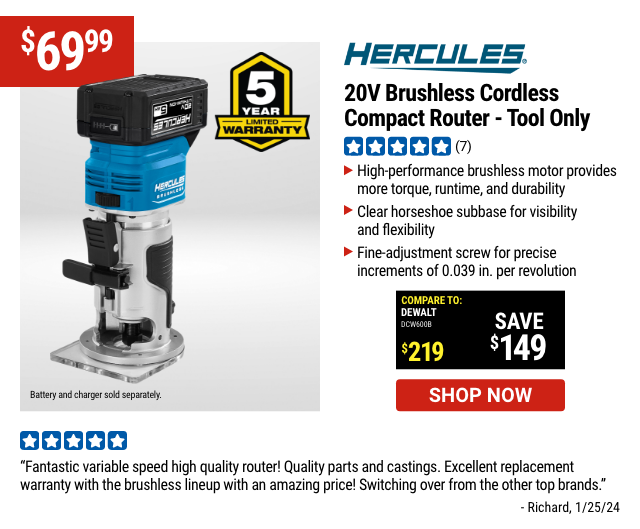 HERCULES: 20V Brushless Cordless Compact Router - Tool Only