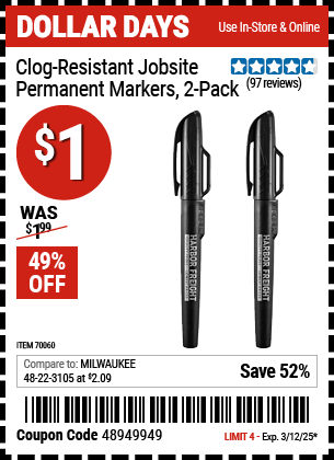 Clog-Resistant Jobsite Permanent Markers, 2-Pack