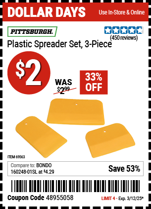 PITTSBURGH Plastic Spreader Set, 3 Piece