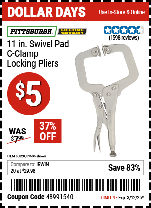 PITTSBURGH 11 in. Swivel Pad C-Clamp Locking Pliers