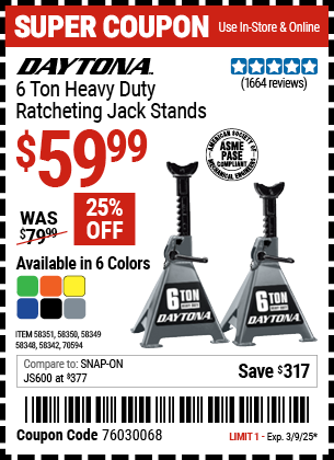 DAYTONA 6 Ton Heavy Duty Ratcheting Jack Stands