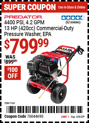 PREDATOR 4400 PSI, 4.2 GPM, 13 HP (420cc) Commercial-Duty Pressure Washer, EPA