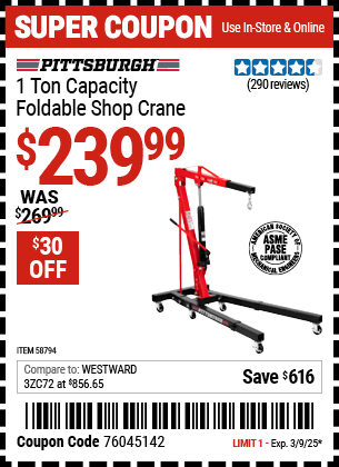 PITTSBURGH 1 Ton Capacity Foldable Shop Crane