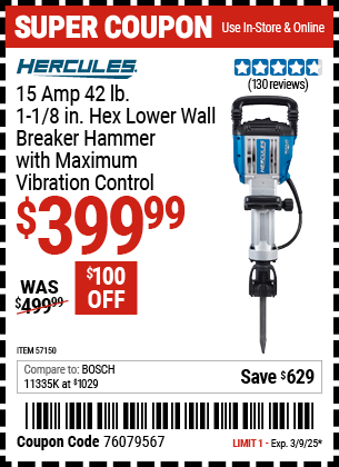 HERCULES 15 Amp 42 lb. 1-1/8 in. Hex Lower Wall Breaker Hammer with Maximum Vibration Control