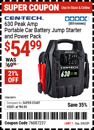 CEN-TECH 630 Peak Amp Portable Car Battery Jump Starter and Power Pack