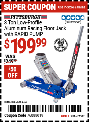 PITTSBURGH 3 Ton Low-Profile Aluminum Racing Floor Jack with RAPID PUMP