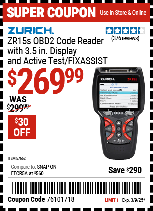 ZURICH ZR15s OBD2 Code Reader with 3.5 In. Display and Active Test/FIXASSIST