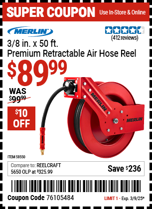 MERLIN 3/8 in. x 50 Ft. Premium Retractable Air Hose Reel