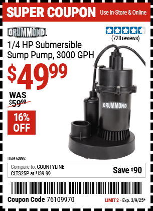 DRUMMOND 1/4 HP Submersible Sump Pump 3000 GPH