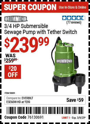 DRUMMOND 3/4 HP Submersible Sewage Pump with Tether Switch