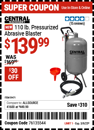 CENTRAL MACHINERY 110 lb. Pressurized Abrasive Blaster