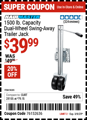 HAUL-MASTER 1500 lb. Capacity Dual Wheel Swing-Away Trailer Jack