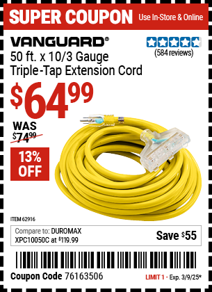 VANGUARD 50 ft. x 10/3 Gauge Triple Tap Extension Cord