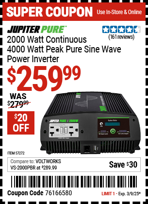 JUPITER PURE 2000 Watt Continuous/4000 Watt Peak Pure Sine Wave Power Inverter