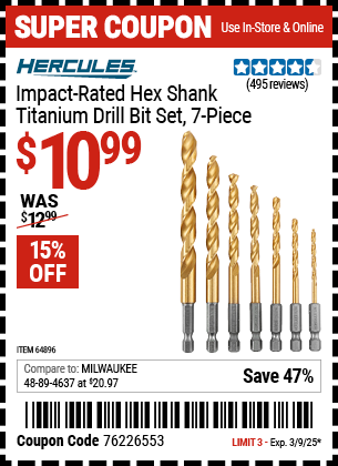 HERCULES Impact Rated Hex Shank Titanium Drill Bit Set, 7 Piece