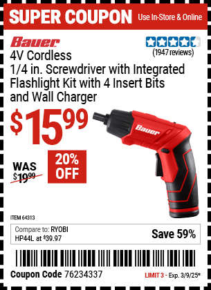 BAUER 4V Cordless 1/4 in. Screwdriver with Integrated Flashlight Kit with 4 Insert Bits and Wall Charger