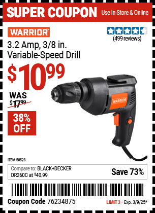 WARRIOR 3.2 Amp 3/8 in. Variable Speed Drill