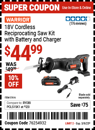 WARRIOR 18V Cordless Reciprocating Saw Kit with Battery and Charger