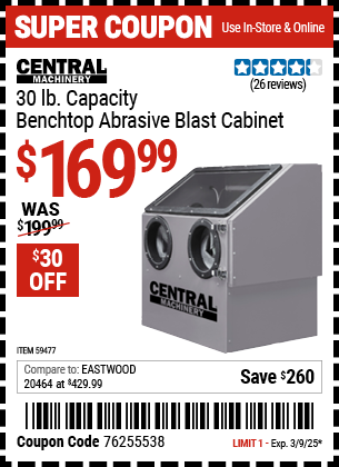 CENTRAL MACHINERY 30 lb. Capacity Benchtop Abrasive Blast Cabinet