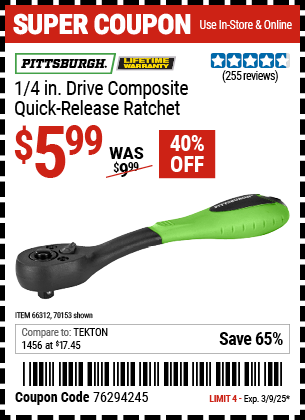 PITTSBURGH 1/4 in. Drive Composite Quick-Release Ratchet