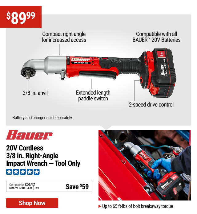 BAUER 20V Cordless, 3/8 in. Right-Angle Impact Wrench - Tool Only