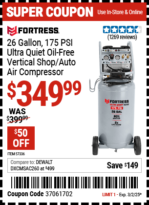 FORTRESS 26 Gallon, 175 PSI Ultra Quiet Oil-Free Vertical Shop/Auto Air Compressor